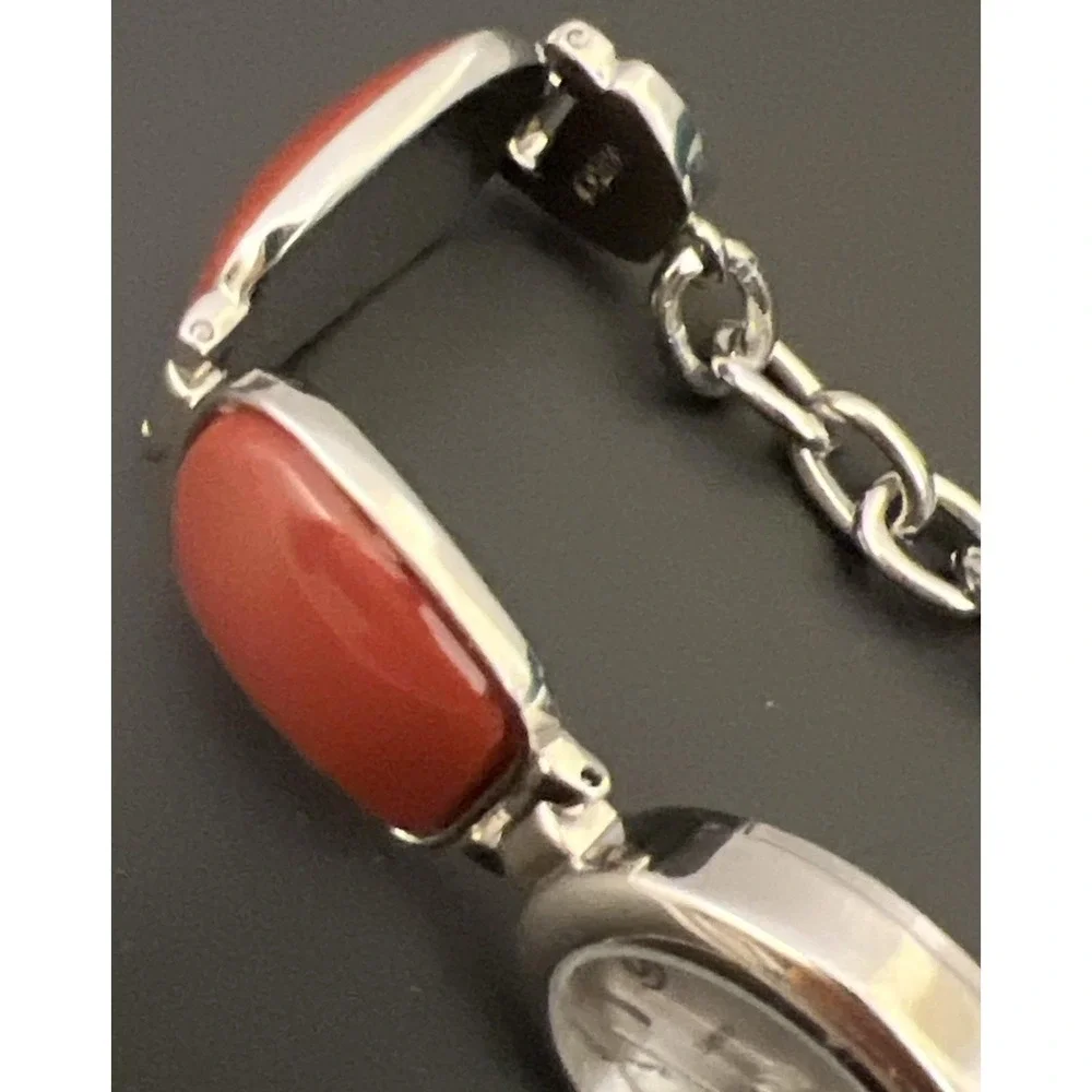 Silver Tone Chunky Bracelet Watch‎ Brick Red Burnt Orange